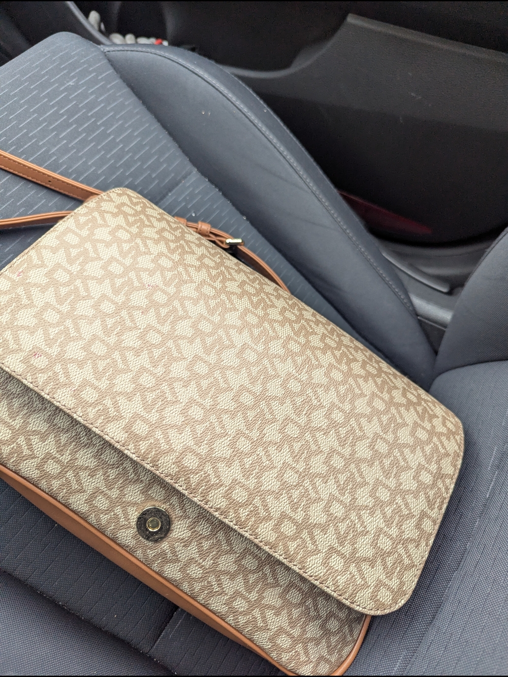 Designer-Style DKNY Beige Pattern Crossbody Bag with Tan Trim